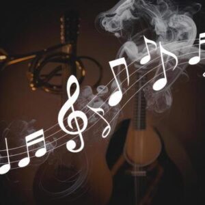 instruments of music are displayed with notes and smoke in a dark setting photo