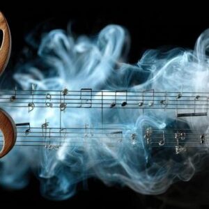 music notes and treble clef on black background photo